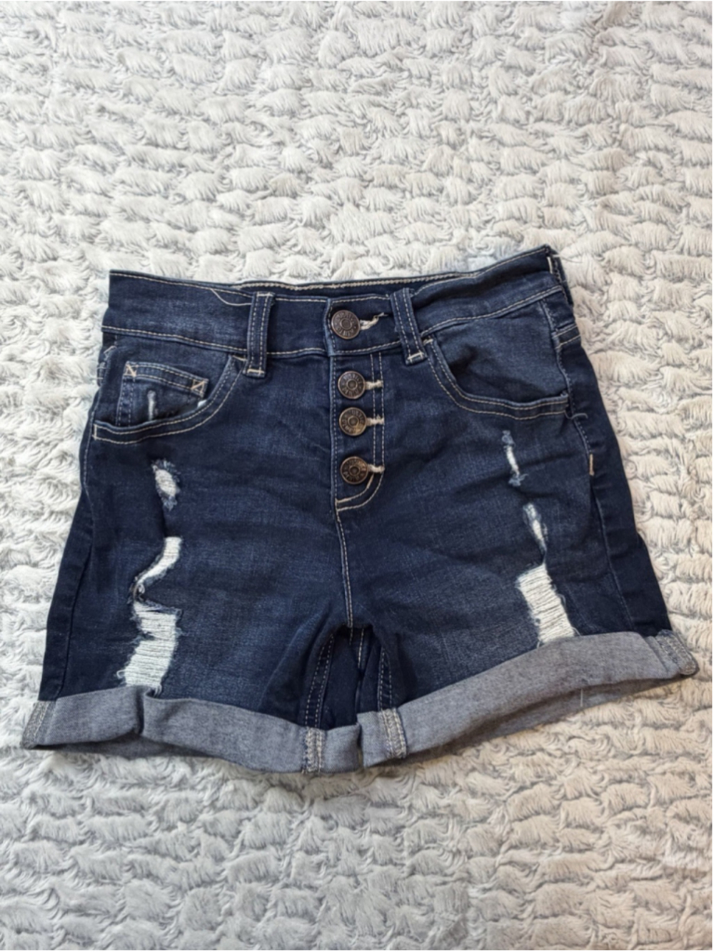 Justice Girls Size 10 Dark Wash Denim Shorts Distressed Cuffed Stretch Heart